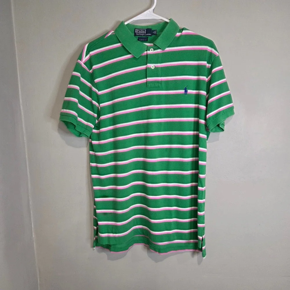 Polo Ralph Lauren Striped Polo Shirt Mens Large Green Pink White Custom Fit Mesh